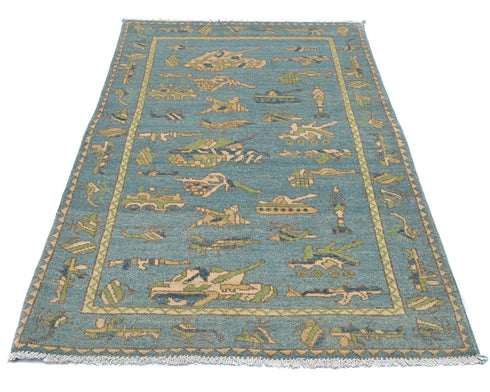 3x5 Blue Kuba Afghan Hand Knotted Wool Area Rug
